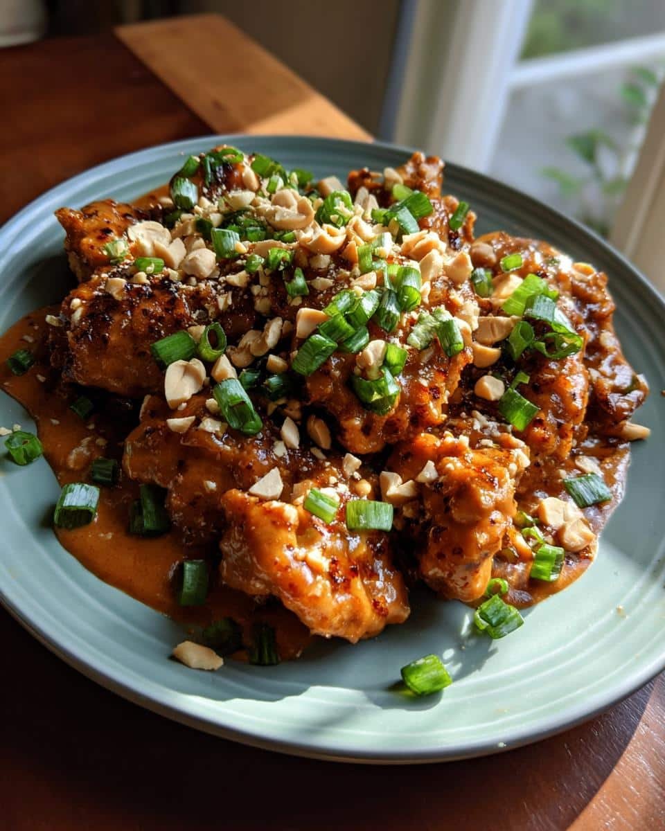 Irresistible Thai Peanut Chicken Under 40 Minutes 8 A plate of Thai Peanut Chicken topped with chopped peanuts and green onions.