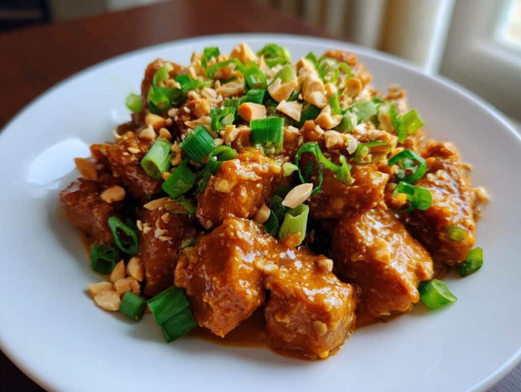 Close-up of Thai Peanut Chicken dish garnished with peanuts and green onions on a white plate.