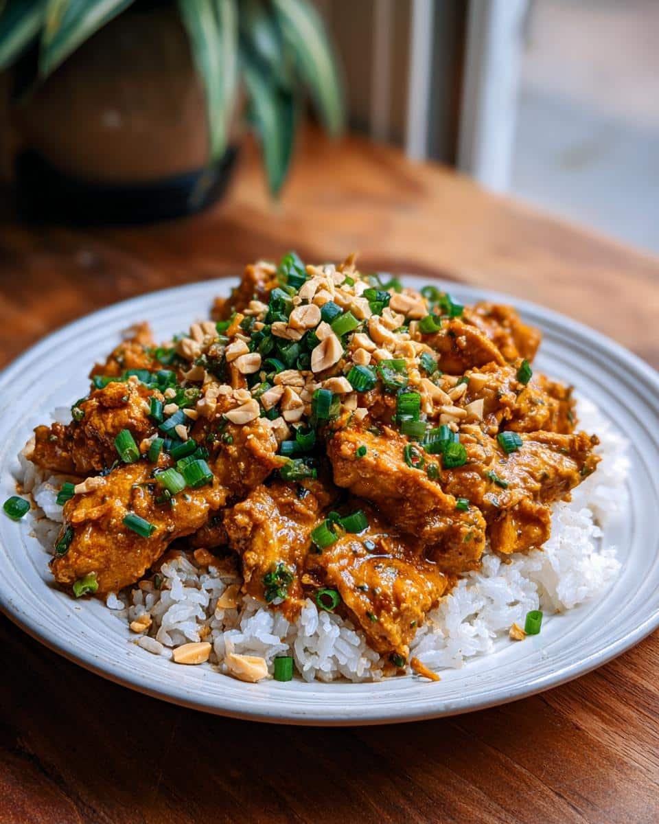 Irresistible Thai Peanut Chicken Under 40 Minutes 7 A plate of Thai Peanut Chicken served over rice, garnished with chopped peanuts and green onions.