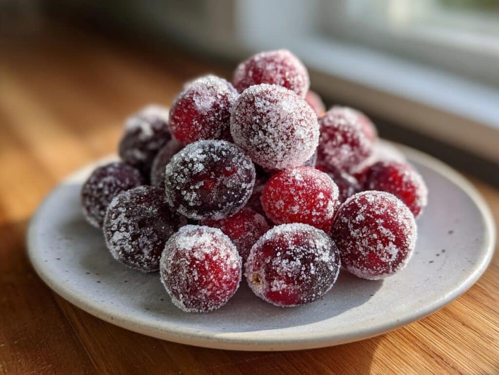 A festive pile of Traditional Sugared Cranberries coated in sparkling sugar on a plate.