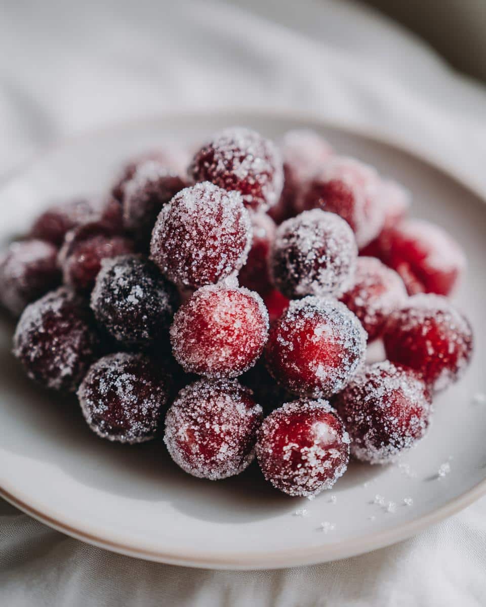 Traditional Sugared Cranberries: Foolproof Recipe 9 A close-up of a pile of Traditional Sugared Cranberries on a light-colored plate.