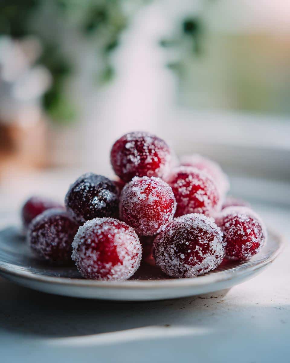 Traditional Sugared Cranberries: Foolproof Recipe 6 A close-up of a small plate piled with vibrant red Traditional Sugared Cranberries, coated in a delicate layer of sugar.