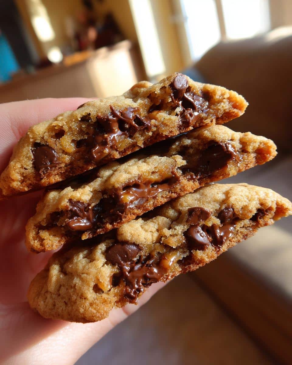 Easy Triple Chocolate Chip Cookies: Unbelievably Good 8 A stack of halved Triple Chocolate Chip Cookies shows the gooey chocolate center and delicious texture.