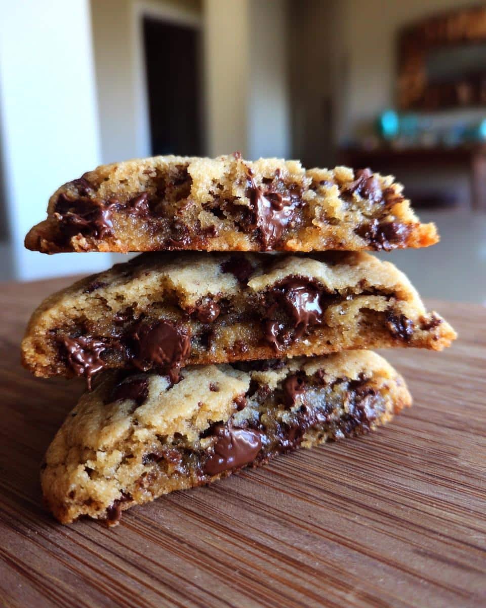 Easy Triple Chocolate Chip Cookies: Unbelievably Good 7 Close-up of stacked halves of Triple Chocolate Chip Cookies, showcasing the melted chocolate chips inside.