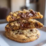 A stack of three Triple Chocolate Chip Cookies, the top two broken in half to reveal melted chocolate.