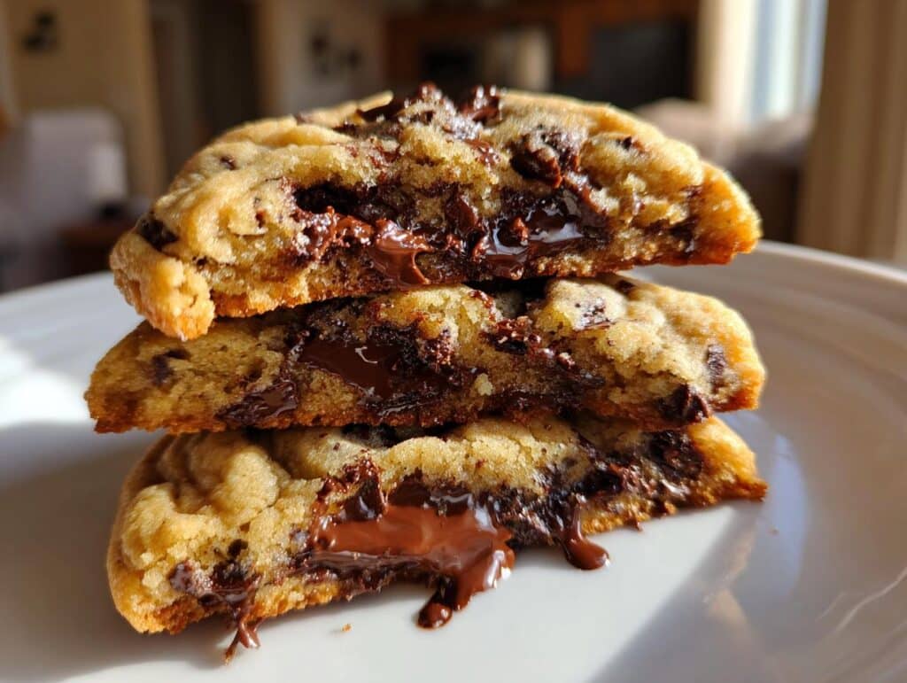 A stack of three halved Triple Chocolate Chip Cookies showing melted chocolate chips.