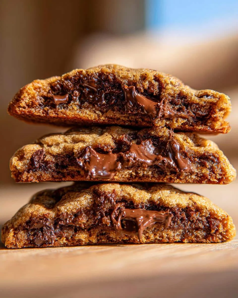 Easy Triple Chocolate Chip Cookies: Unbelievably Good 6 A stack of halved Triple Chocolate Chip Cookies showing melted chocolate.