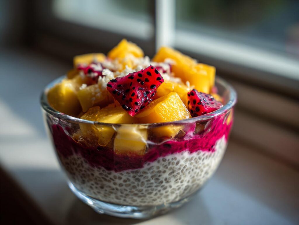 A glass bowl of Tropical Mango & Dragon Fruit Chia Pudding, layered with chia seeds, pink dragon fruit puree, mango chunks and dragon fruit pieces.