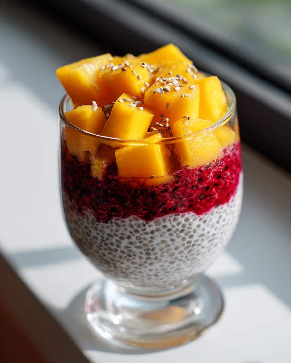 Fail-Proof Tropical Mango & Dragon Fruit Chia Pudding Recipe 6 A glass of Tropical Mango & Dragon Fruit Chia Pudding with layers of chia seeds, dragon fruit, and mango.