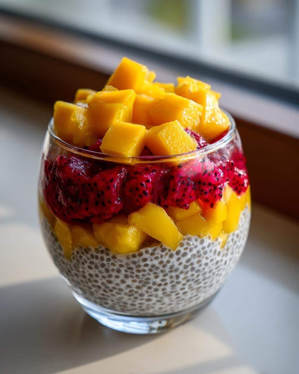 Fail-Proof Tropical Mango & Dragon Fruit Chia Pudding Recipe 8 A glass of layered Tropical Mango & Dragon Fruit Chia Pudding, showcasing the chia seeds, dragon fruit, and mango.