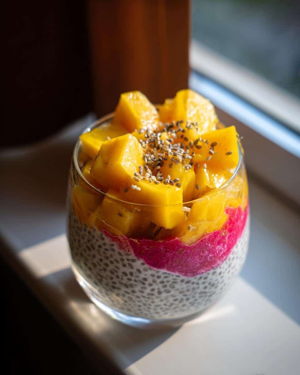 Fail-Proof Tropical Mango & Dragon Fruit Chia Pudding Recipe 9 Glass of Tropical Mango & Dragon Fruit Chia Pudding with layers of chia seeds, dragon fruit, and mango.