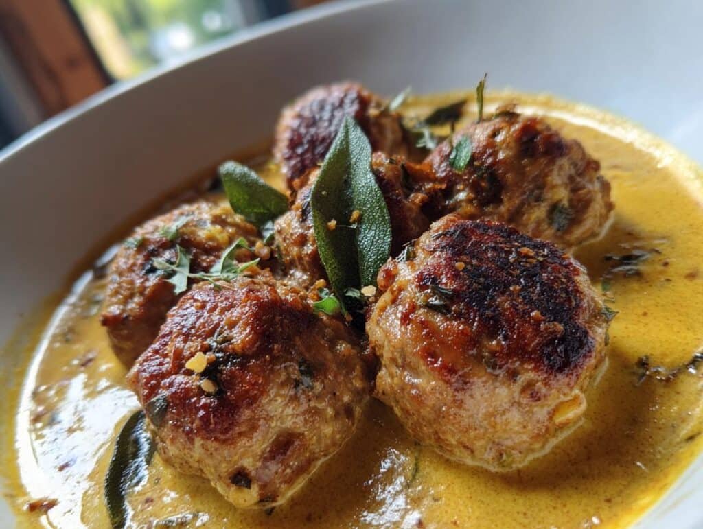 Close-up of Turkey Meatballs in Pumpkin Sage Sauce, garnished with fresh sage leaves.