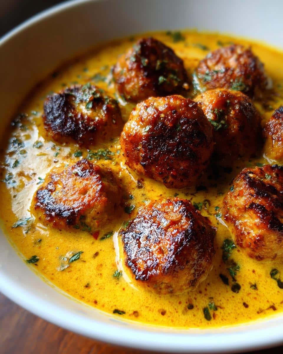 Devastatingly Delicious Turkey Meatballs in Pumpkin Sauce 6 Close-up of Turkey Meatballs in Pumpkin Sage Sauce, garnished with fresh herbs in a white bowl.