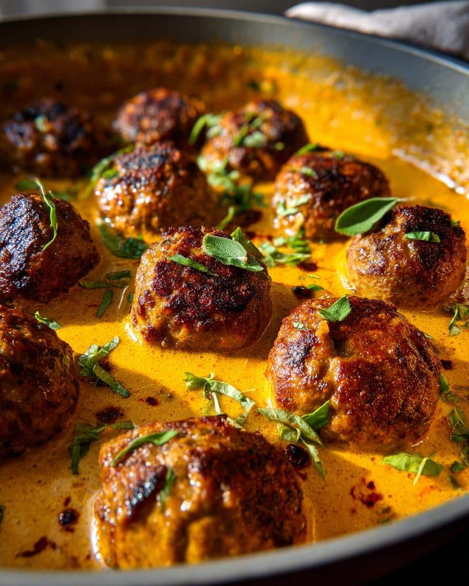 Devastatingly Delicious Turkey Meatballs in Pumpkin Sauce 7 Close-up of Turkey Meatballs in Pumpkin Sage Sauce, garnished with fresh sage.