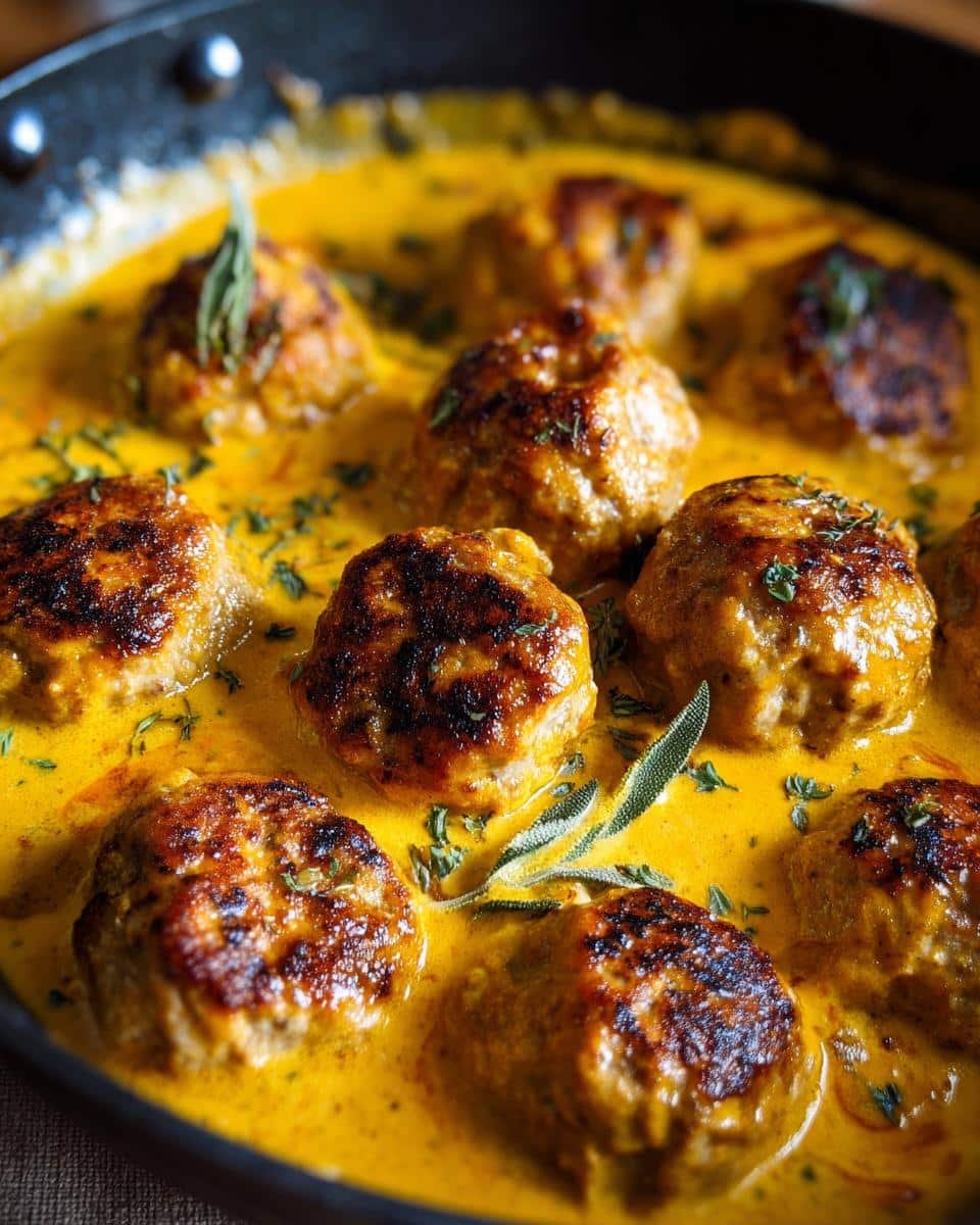 Devastatingly Delicious Turkey Meatballs in Pumpkin Sauce 8 Delicious Turkey Meatballs in Pumpkin Sage Sauce, garnished with fresh sage and herbs in a skillet.