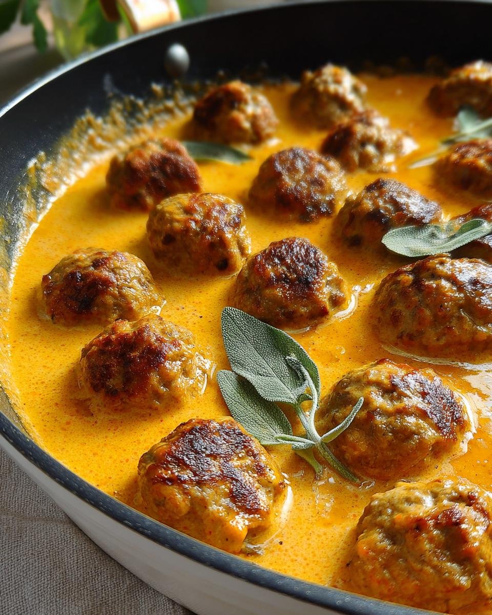 Devastatingly Delicious Turkey Meatballs in Pumpkin Sauce 9 Pan of Turkey Meatballs in Pumpkin Sage Sauce, garnished with fresh sage leaves.