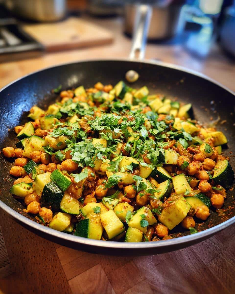 Unbelievable Zucchini and Chickpea Skillet in 25 Minutes 8 A vibrant Zucchini and Chickpea Skillet, garnished with fresh herbs, ready to serve.