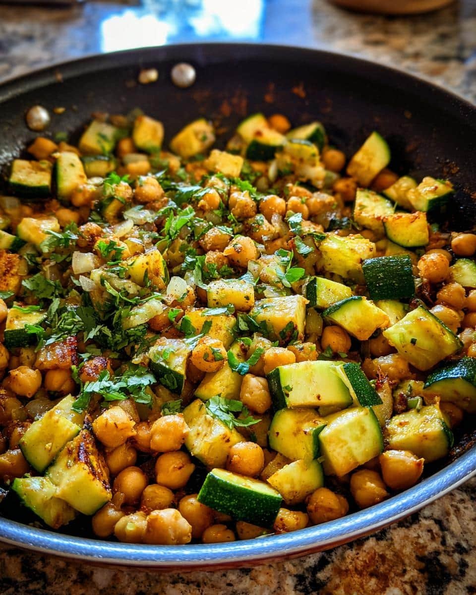 Unbelievable Zucchini and Chickpea Skillet in 25 Minutes 7 Close-up of Zucchini and Chickpea Skillet, garnished with fresh herbs in a pan.