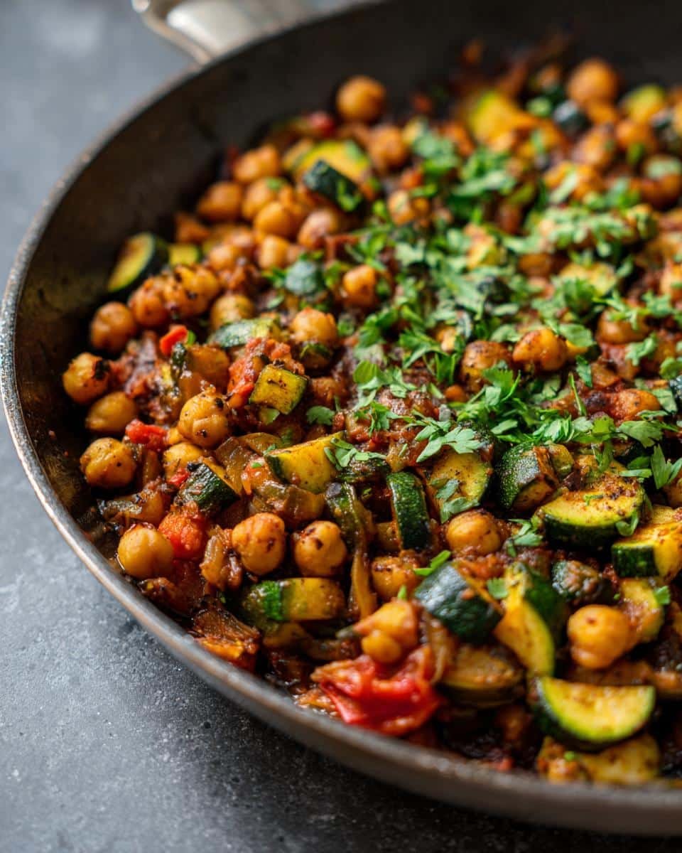 Unbelievable Zucchini and Chickpea Skillet in 25 Minutes 6 Close-up of a Zucchini and Chickpea Skillet, garnished with fresh parsley. A delicious and healthy meal.