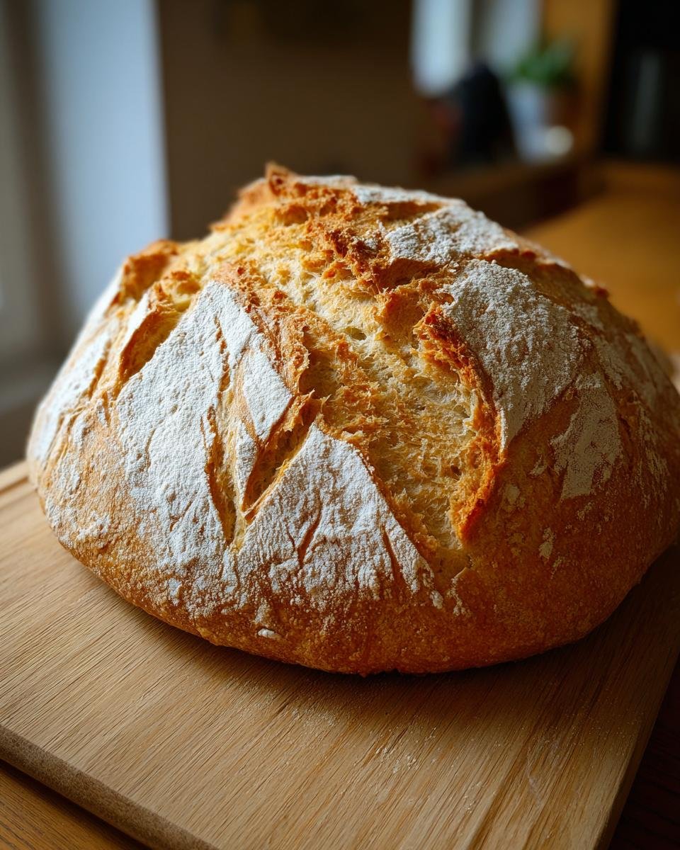 Unbelievably Easy 4-Ingredient German Bread Recipe 6 A loaf of golden brown German Bread, dusted with flour, sits on a wooden cutting board.