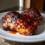 Two pieces of glazed air fryer chicken on a white plate. Delicious and easy recipe.