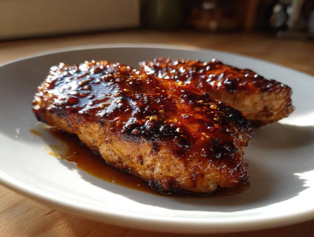 Two pieces of glazed Air Fryer Chicken on a white plate, showcasing the glistening glaze and crispy texture.
