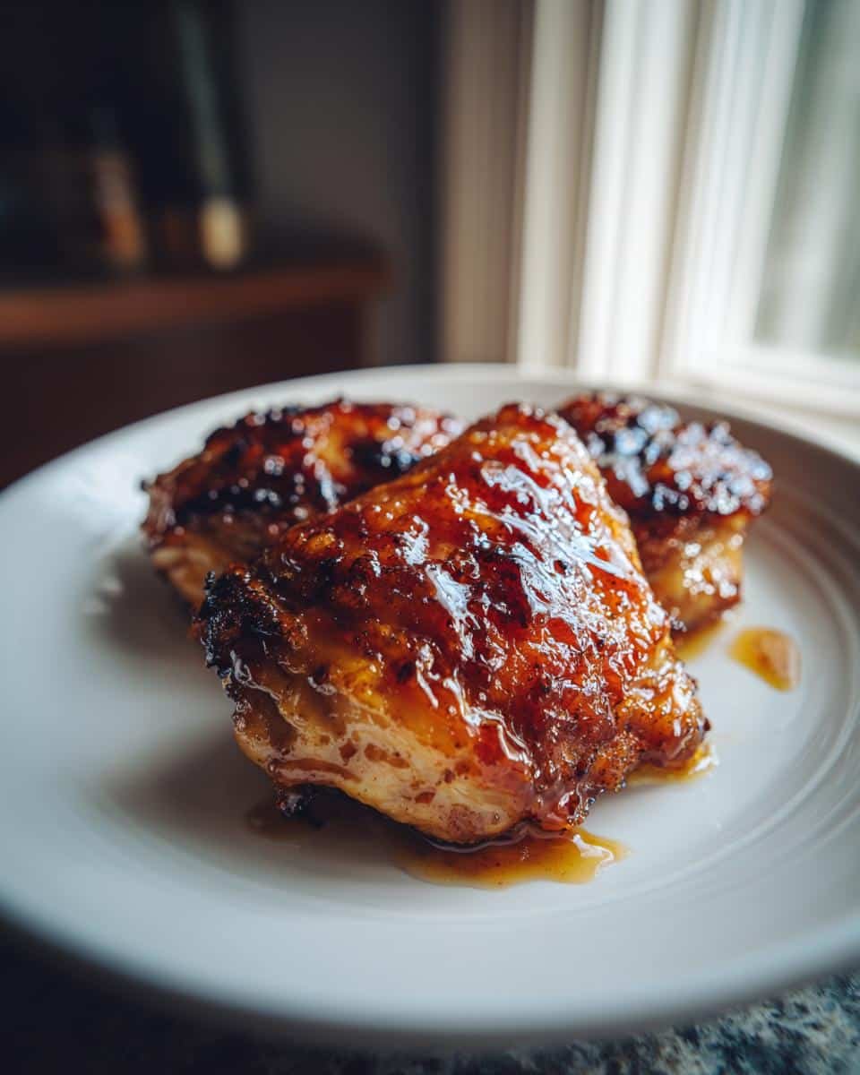 Air Fryer Chicken: A Deliciously Simple 25-Minute Recipe 9 Three glazed chicken thighs on a white plate, showcasing the Air Fryer Chicken recipe.