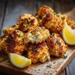 A pile of golden Air Fryer Lemon Chicken Bites on a wooden board with lemon wedges and parsley.