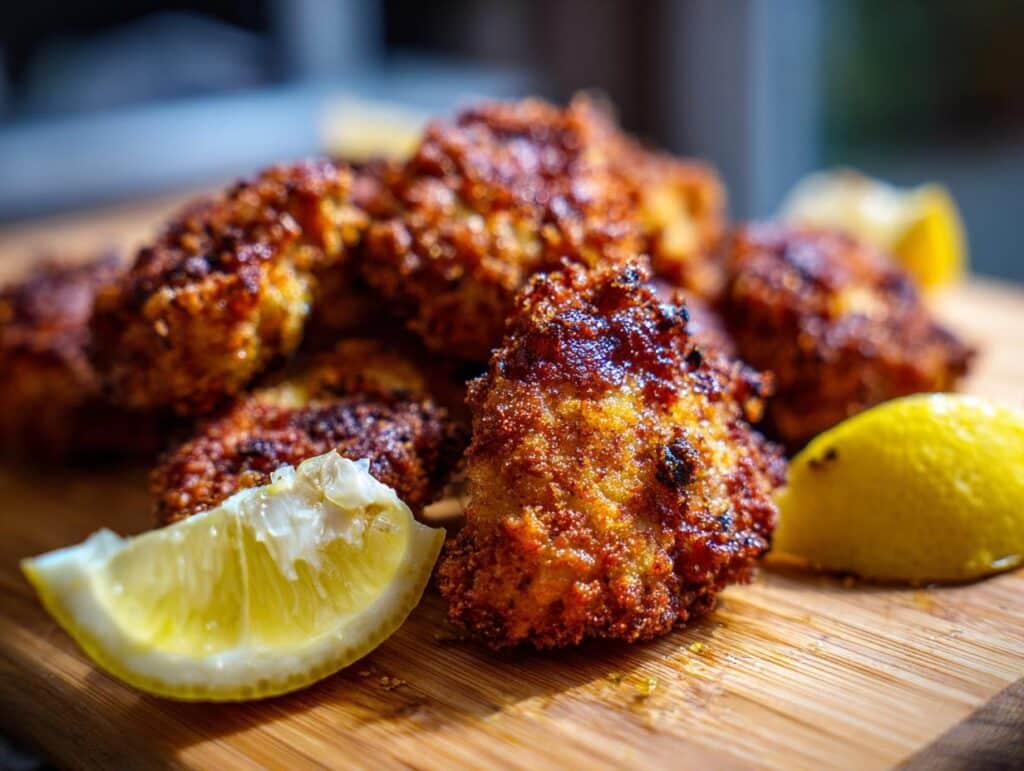 A close-up of golden brown Air Fryer Lemon Chicken Bites served with fresh lemon wedges on a wooden board.