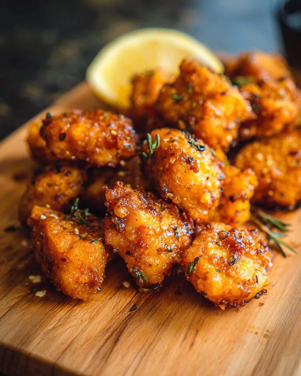 Air Fryer Lemon Chicken Bites: 25-Minute Dinner Win 7 Pile of crispy Air Fryer Lemon Chicken Bites on a wooden board, garnished with herbs and a lemon wedge.