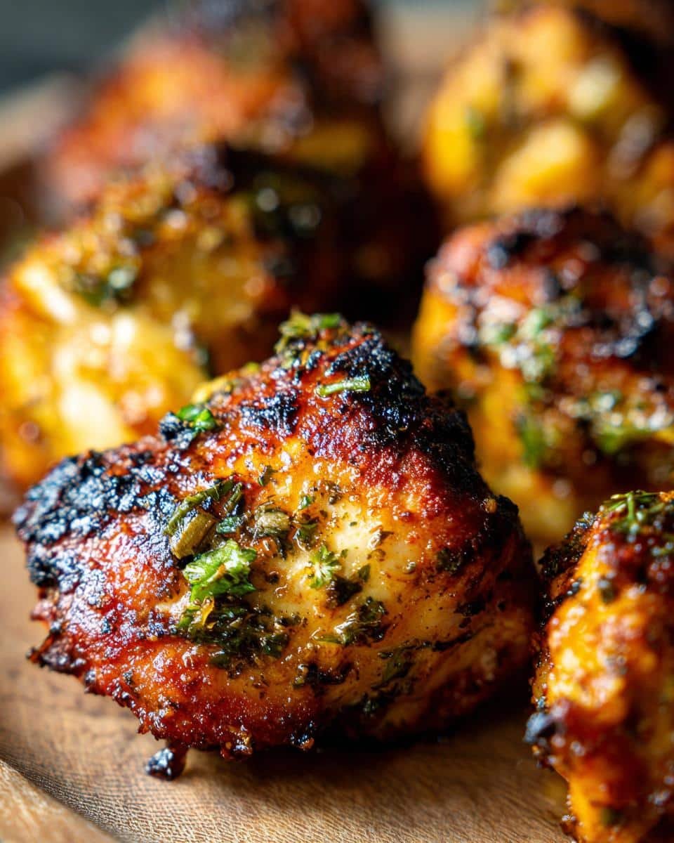 Air Fryer Lemon Chicken Bites: 25-Minute Dinner Win 8 Close-up of golden brown Air Fryer Lemon Chicken Bites with herbs on a wooden board.