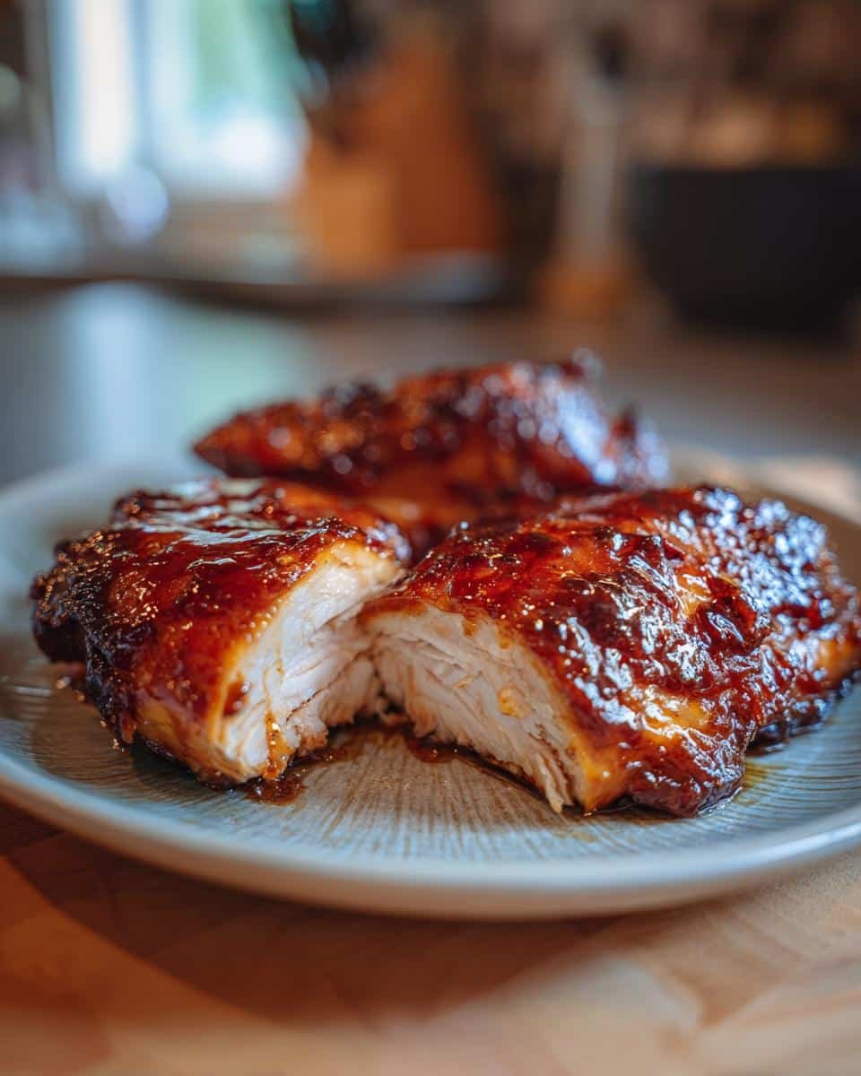 Fail-Proof Air Fryer Maple Glazed Chicken Breast in 20 Mins 6 Juicy Air Fryer Maple Glazed Chicken Breast cut open on a plate, showcasing its tender interior and glossy glaze.