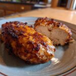 Close-up of juicy Air Fryer Maple Glazed Chicken Breast, one piece sliced to show the inside.