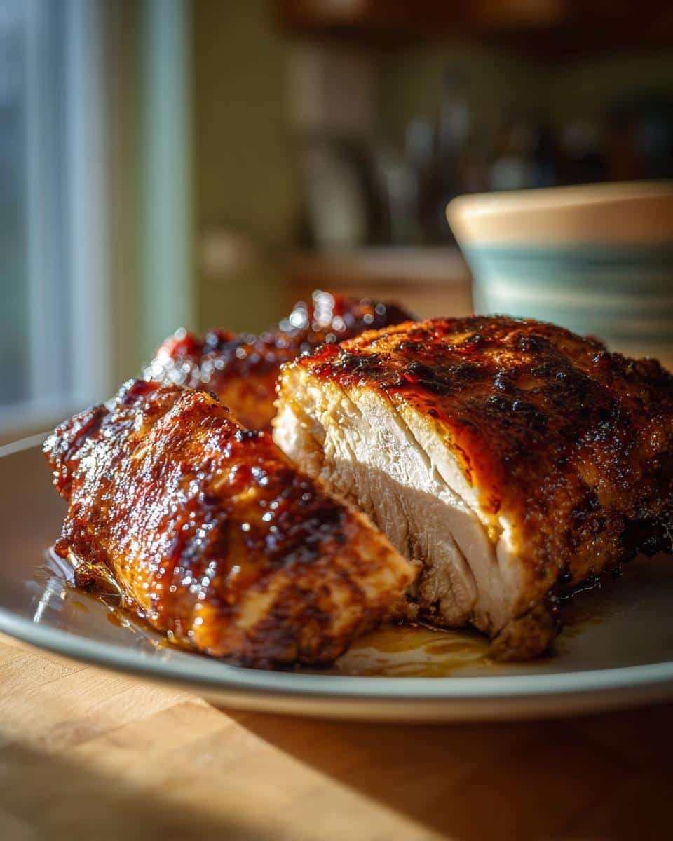 Fail-Proof Air Fryer Maple Glazed Chicken Breast in 20 Mins 9 A juicy slice of Air Fryer Maple Glazed Chicken Breast, showcasing the glaze and tender interior.