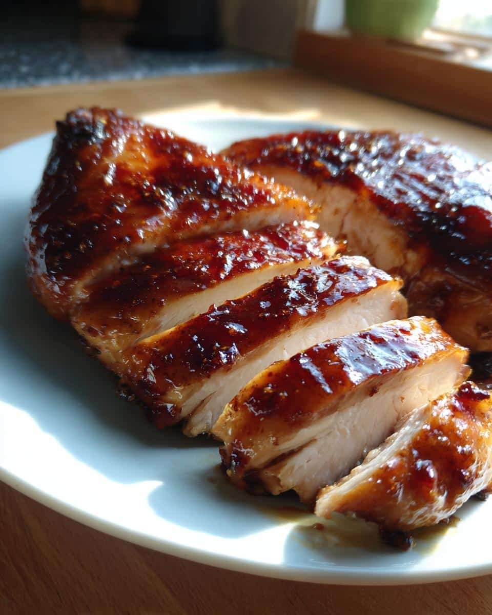 Fail-Proof Air Fryer Maple Glazed Chicken Breast in 20 Mins 7 Slices of juicy Air Fryer Maple Glazed Chicken Breast on a plate, showcasing the glaze and tender chicken.