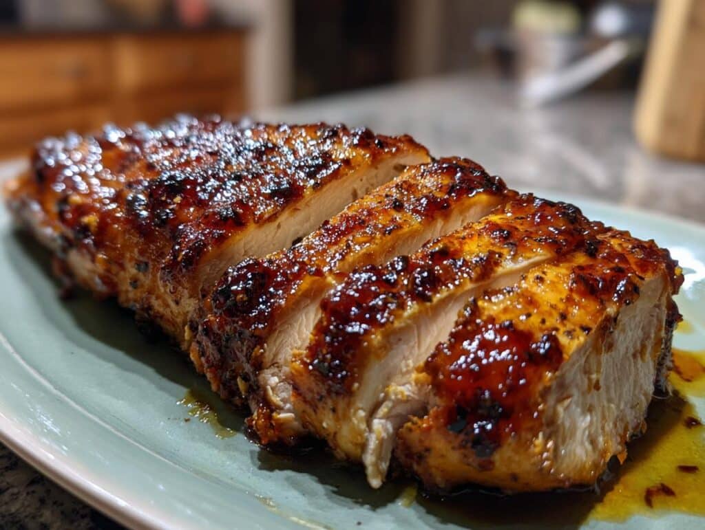 Slices of juicy Air Fryer Maple Glazed Chicken Breast on a plate, showcasing the glaze and tender meat.