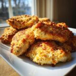 A plate of golden brown Air Fryer Parmesan Crusted Chicken pieces, ready to eat.