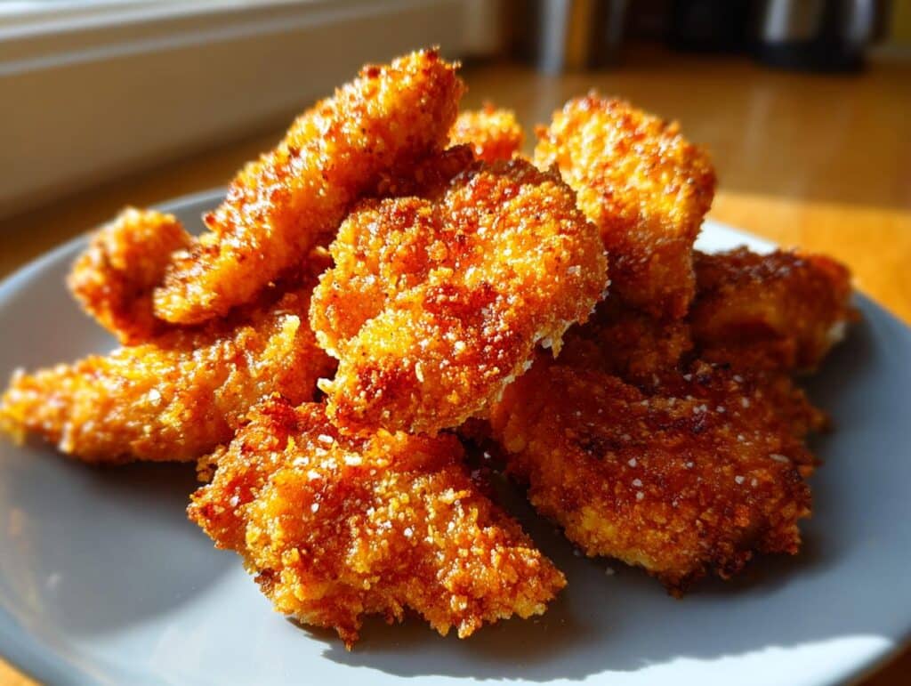 Golden Air Fryer Parmesan Crusted Chicken pieces piled on a plate, ready to eat.