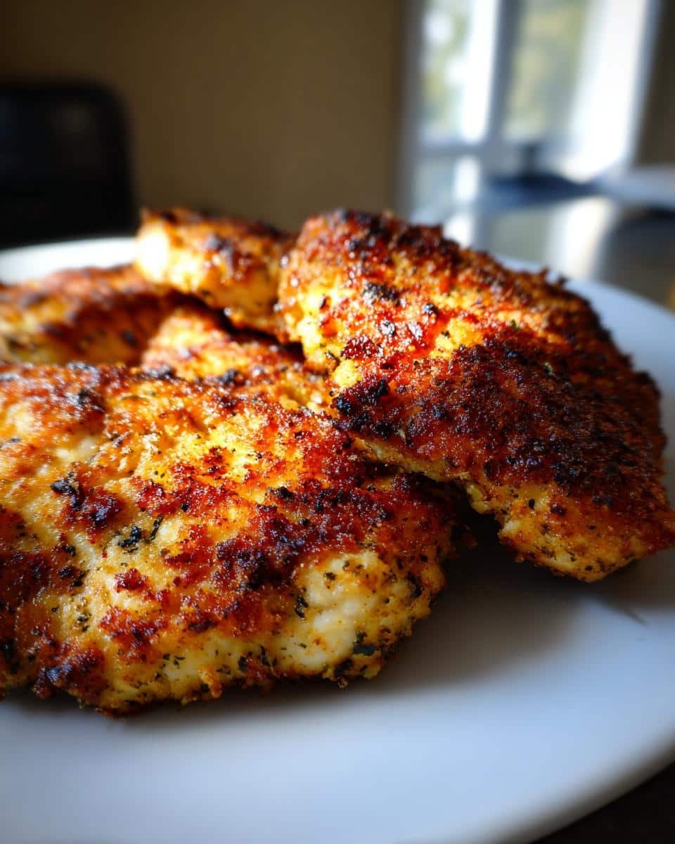 Air Fryer Parmesan Crusted Chicken: 15 Minute Dinner 6 Close-up of Air Fryer Parmesan Crusted Chicken pieces stacked on a white plate, showing the golden-brown crust.