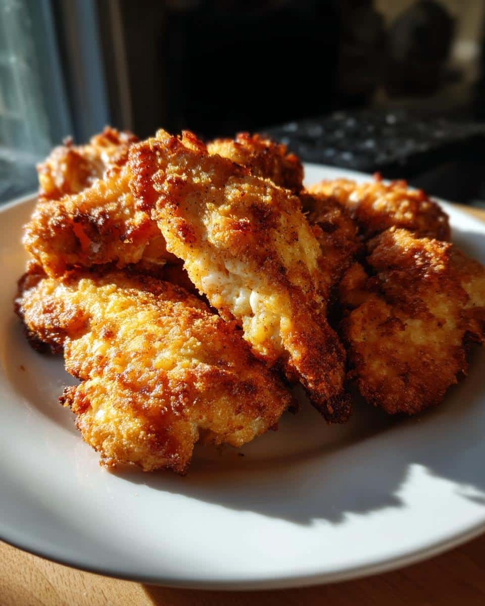 Air Fryer Parmesan Crusted Chicken: 15 Minute Dinner 7 A plate of golden brown Air Fryer Parmesan Crusted Chicken, fresh out of the air fryer.