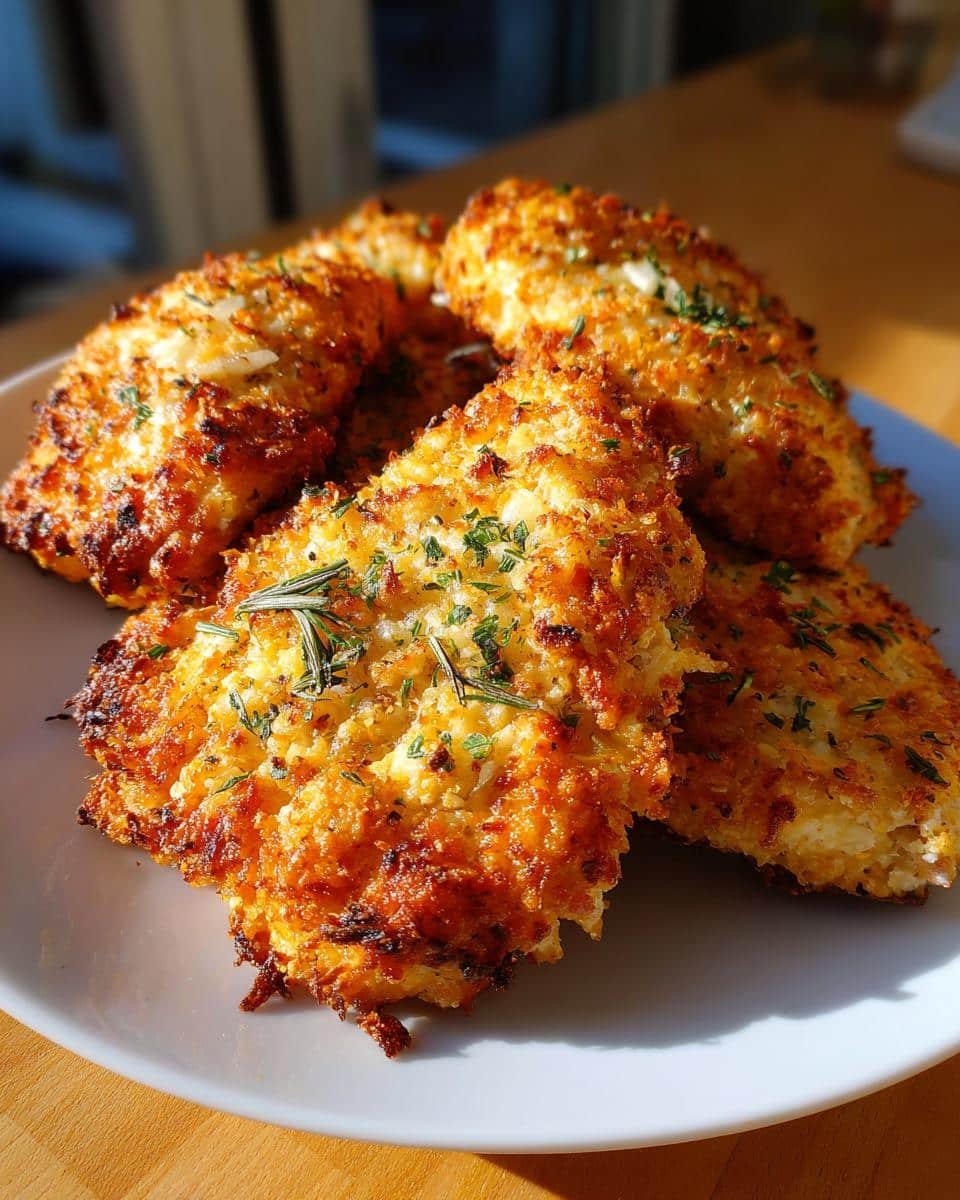 Air Fryer Parmesan Crusted Chicken: 15 Minute Dinner 8 A plate of golden brown Air Fryer Parmesan Crusted Chicken, garnished with fresh herbs.