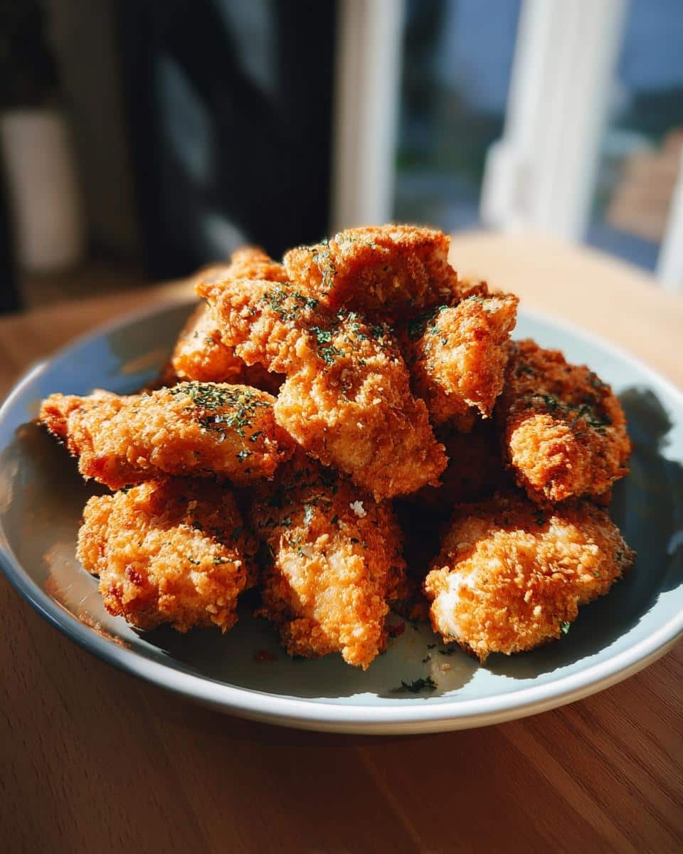 Air Fryer Parmesan Crusted Chicken: 15 Minute Dinner 9 A plate of golden brown Air Fryer Parmesan Crusted Chicken pieces, garnished with herbs.