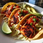 Three Air Fryer Salmon Tacos on a plate, topped with salsa, cabbage, and a lime wedge.