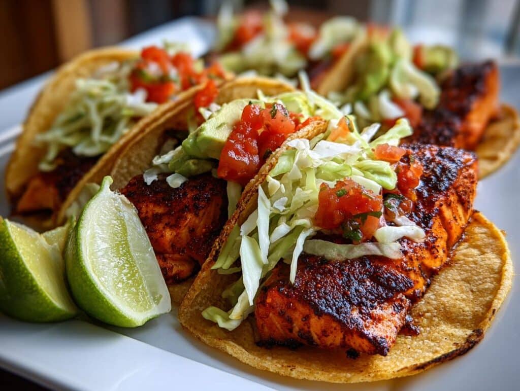 Close-up of Air Fryer Salmon Tacos with fresh toppings and lime wedges on a white plate.