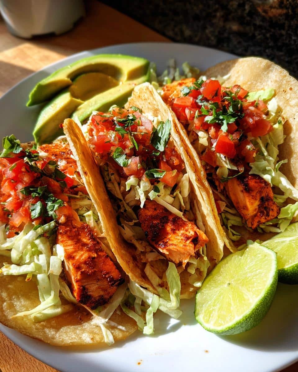 Disgustingly Easy Air Fryer Salmon Tacos in 20 Minutes 6 Three Air Fryer Salmon Tacos on a plate with avocado slices and lime wedges. Fresh and flavorful!