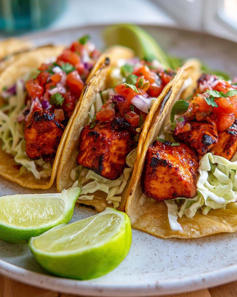Disgustingly Easy Air Fryer Salmon Tacos in 20 Minutes 8 Three Air Fryer Salmon Tacos filled with cabbage, salsa, and grilled salmon, garnished with lime wedges.
