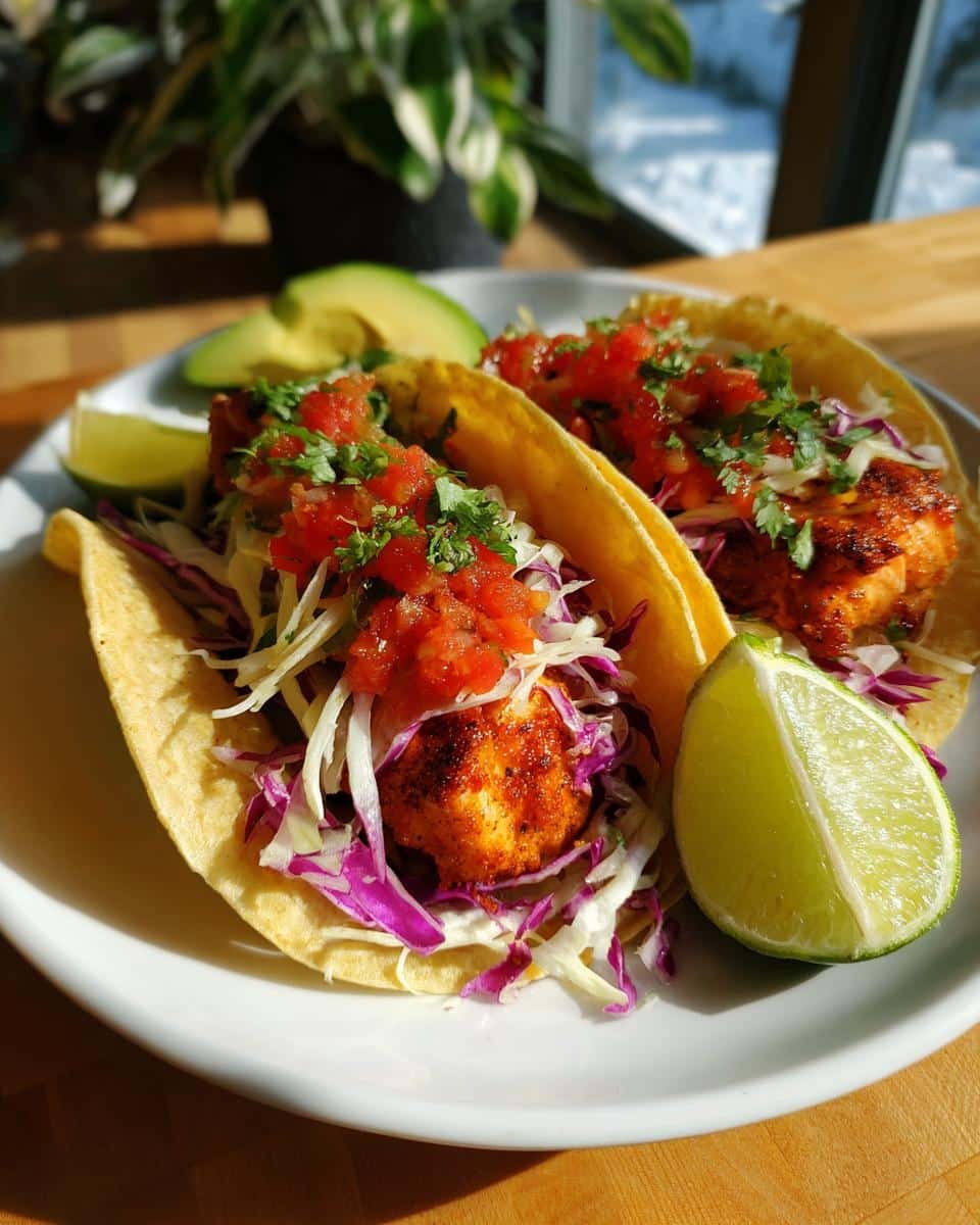 Disgustingly Easy Air Fryer Salmon Tacos in 20 Minutes 9 Two Air Fryer Salmon Tacos filled with cabbage, salsa, and garnished with lime and avocado.