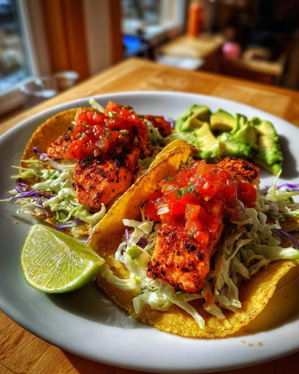 Disgustingly Easy Air Fryer Salmon Tacos in 20 Minutes 7 Two Air Fryer Salmon Tacos on a plate with cabbage slaw, salsa, avocado, and a lime wedge.