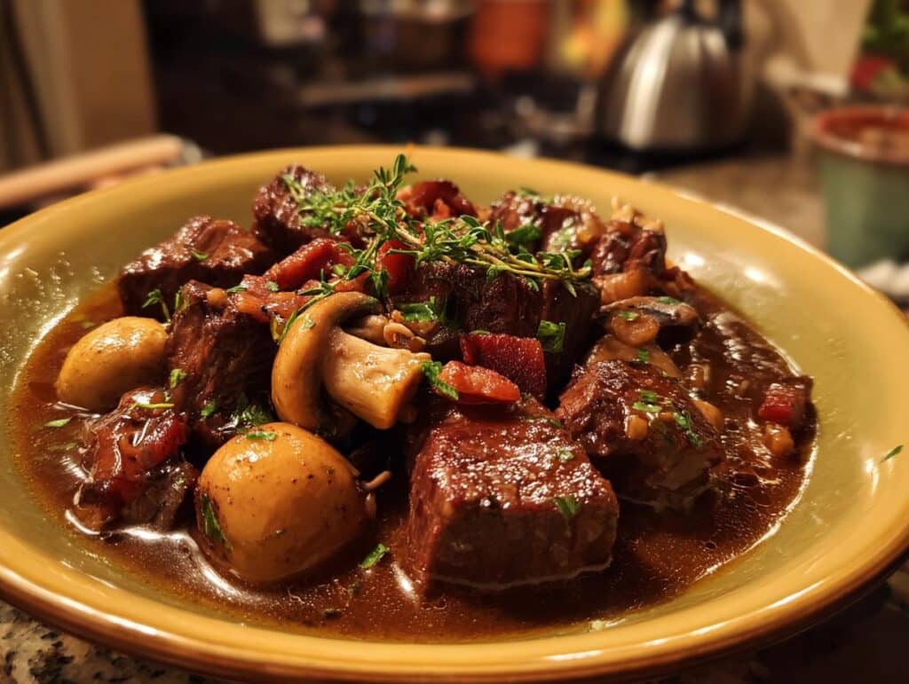 A serving of Anthony Bourdain’s Beef Bourguignon, featuring tender beef, mushrooms, and potatoes in a rich sauce.