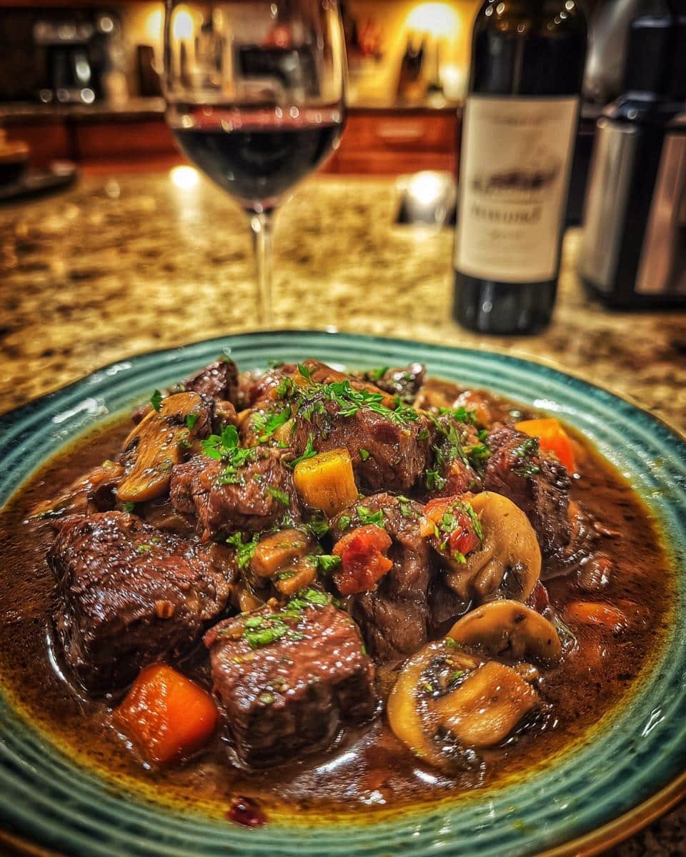 Anthony Bourdain’s Beef Bourguignon: Shockingly Easy 7 A plate of Anthony Bourdain’s Beef Bourguignon, featuring tender beef, mushrooms, and carrots in a rich sauce, served with red wine.